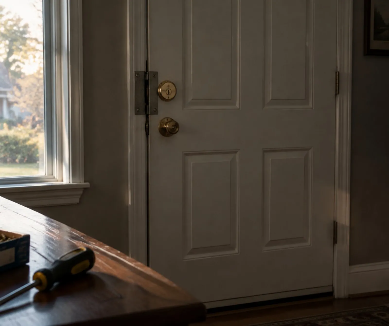 A front door seen from the inside, a screwdriver on the hall table